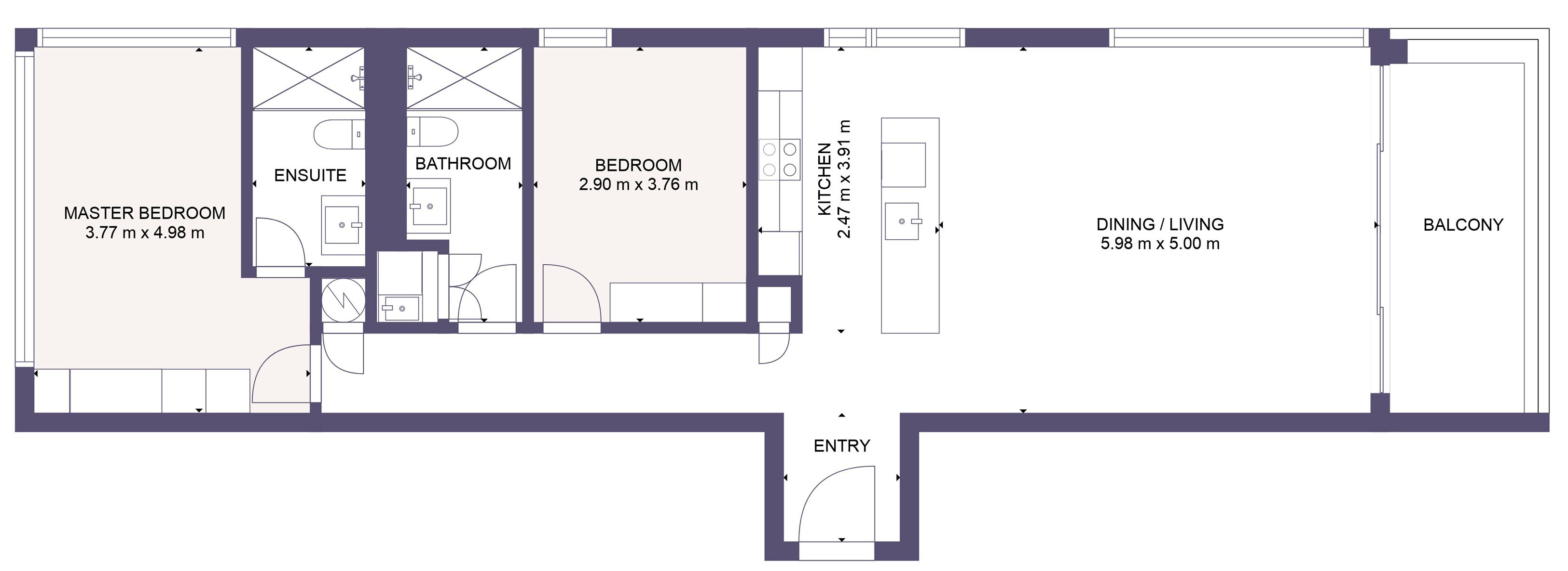 Plano de planta de una habitación de hotel con un dormitorio principal (3,77 m x 4,98 m), un baño, un dormitorio (2,90 m x 3,76 m), una cocina (2,47 m x 3,91 m), un área de comedor/sala de estar (5,98 m x 5,00 m) y un balcón.
