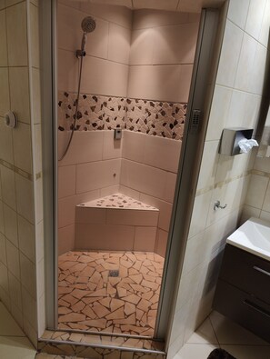 Shower, jetted bath, hair dryer, towels