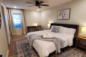 2 bedrooms, desk, blackout drapes, iron/ironing board