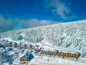 A snow-covered resort with multiple buildings, a ski slope, and a dense forest in the background.