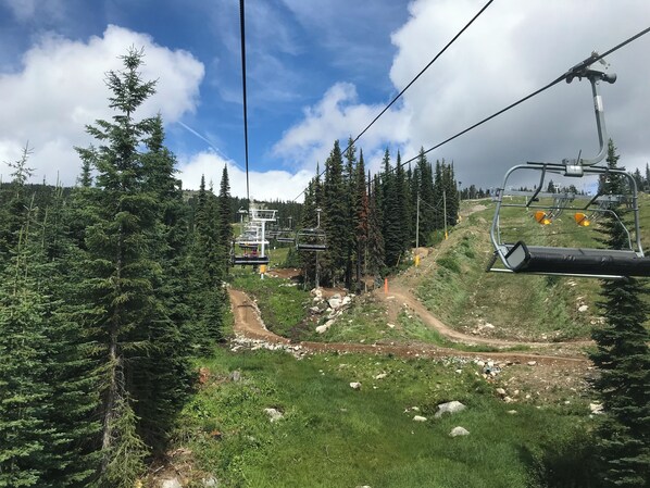 A ski lift with a cable running through a forested area with a dirt path and rocky terrain.