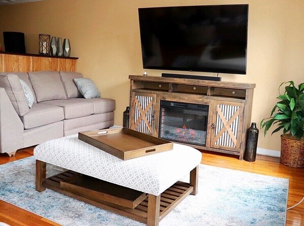 TV connectée, cheminée, médiathèque, chaîne hi-fi