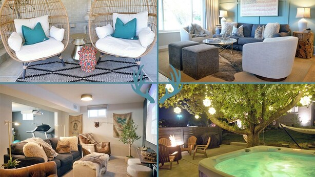 A living room with a sofa, two chairs, a coffee table, and a fireplace.