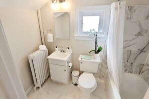 Shower, hair dryer, towels, shampoo