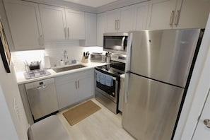 Fridge, microwave, coffee/tea maker, cookware/dishes/utensils