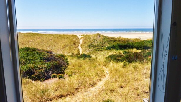 A view of a beach with a sandy path leading to the shore, surrounded by grassy dunes and vegetation. - New Listing! Cozy beachfront getaway with amazing views and miles of sandy beaches (Florence)