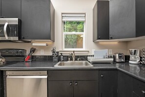 Fridge, microwave, oven, dishwasher