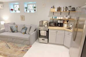 Un espacio habitable compacto con kitchenette, sofá gris y una alfombra estampada.
