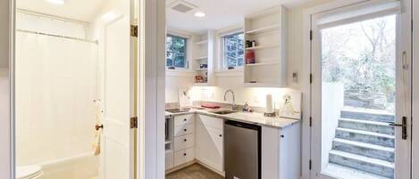 Fridge, coffee/tea maker, toaster, cookware/dishes/utensils