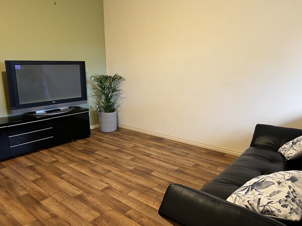 Un salon avec un téléviseur à écran plat posé sur un meuble noir, une plante en pot, un canapé en cuir noir agrémenté de coussins à motifs floraux et un plancher en bois.