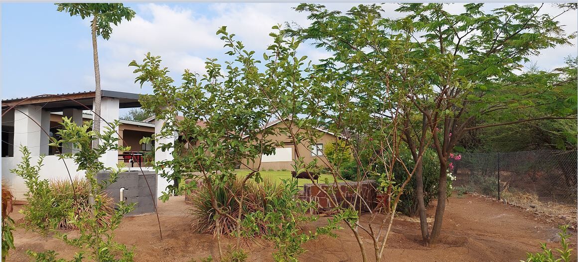 Zona residencial con casas, un patio cercado y un sendero de tierra.