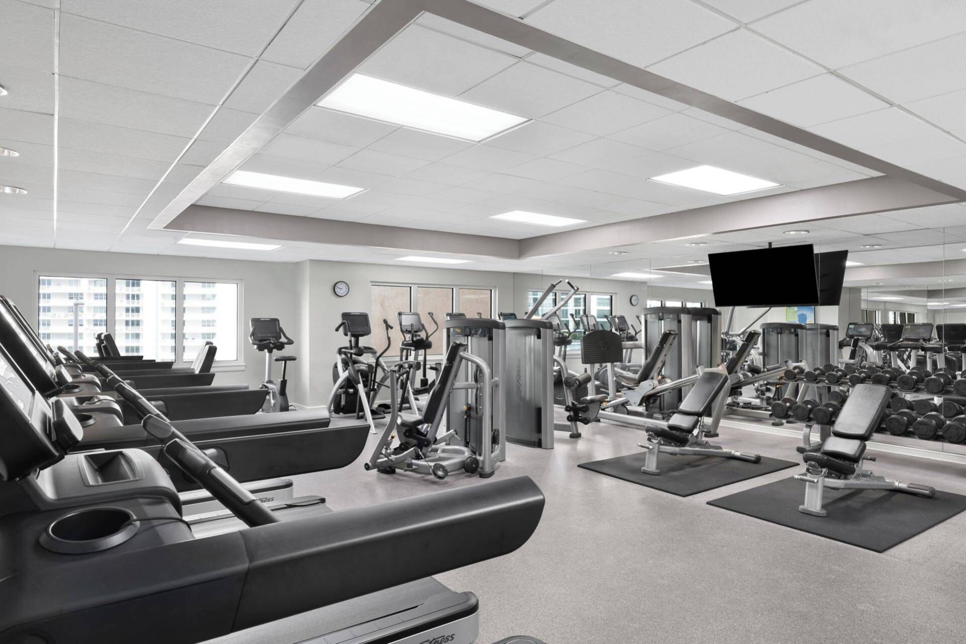 A modern gym with treadmills, elliptical machines, and free weights.