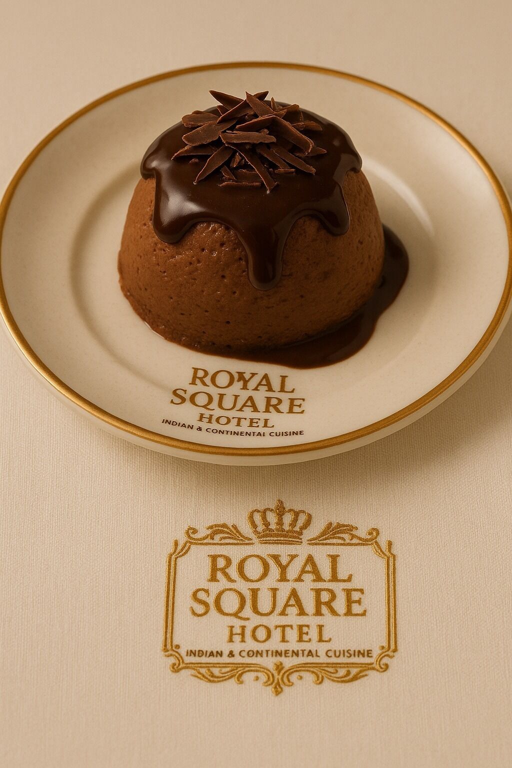 A dessert on a plate with the Royal Square Hotel logo.