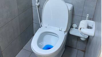 Douche, bidet, serviettes fournies, savon