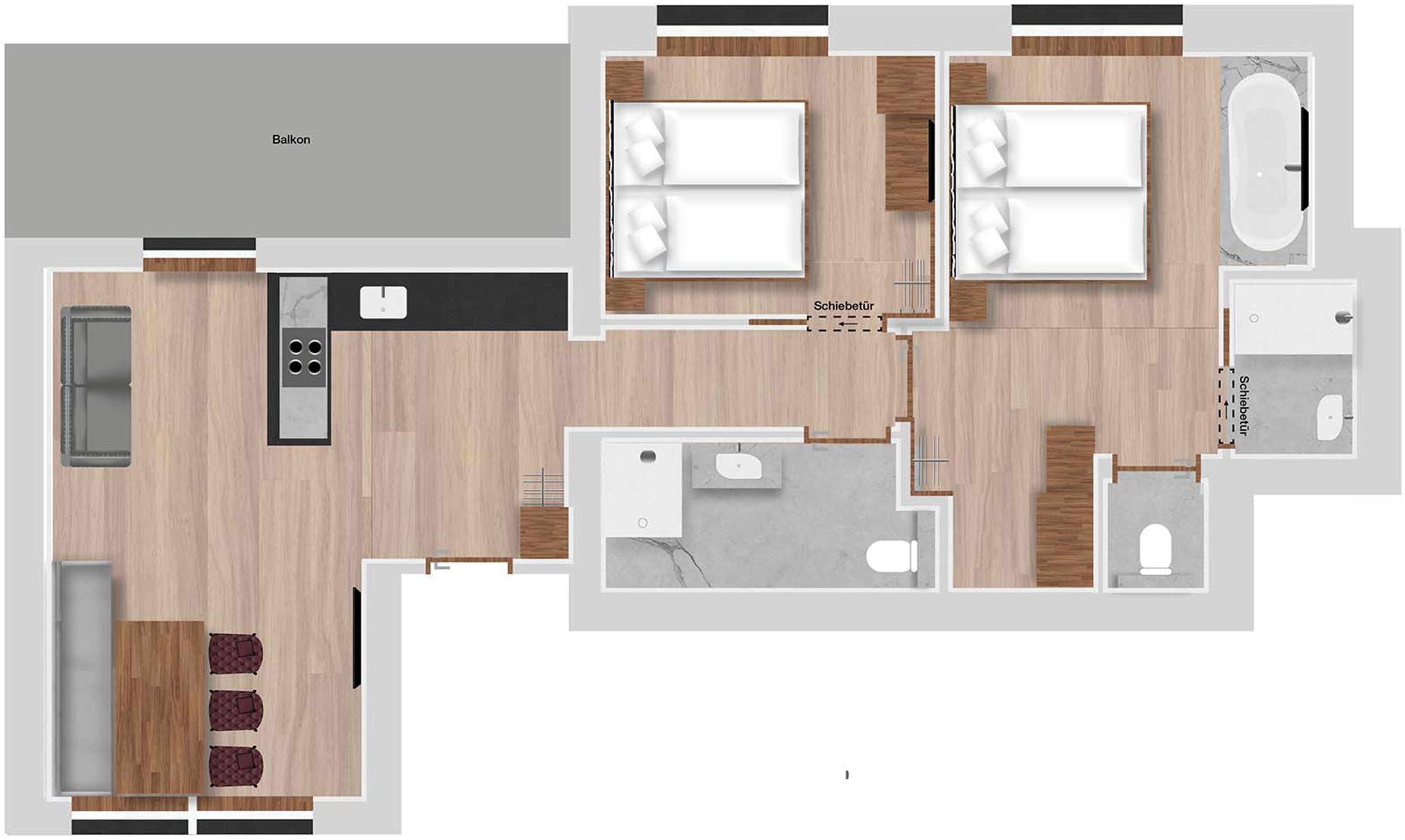 Distribución de una habitación de hotel con balcón, dos dormitorios, un baño y una kitchenette.