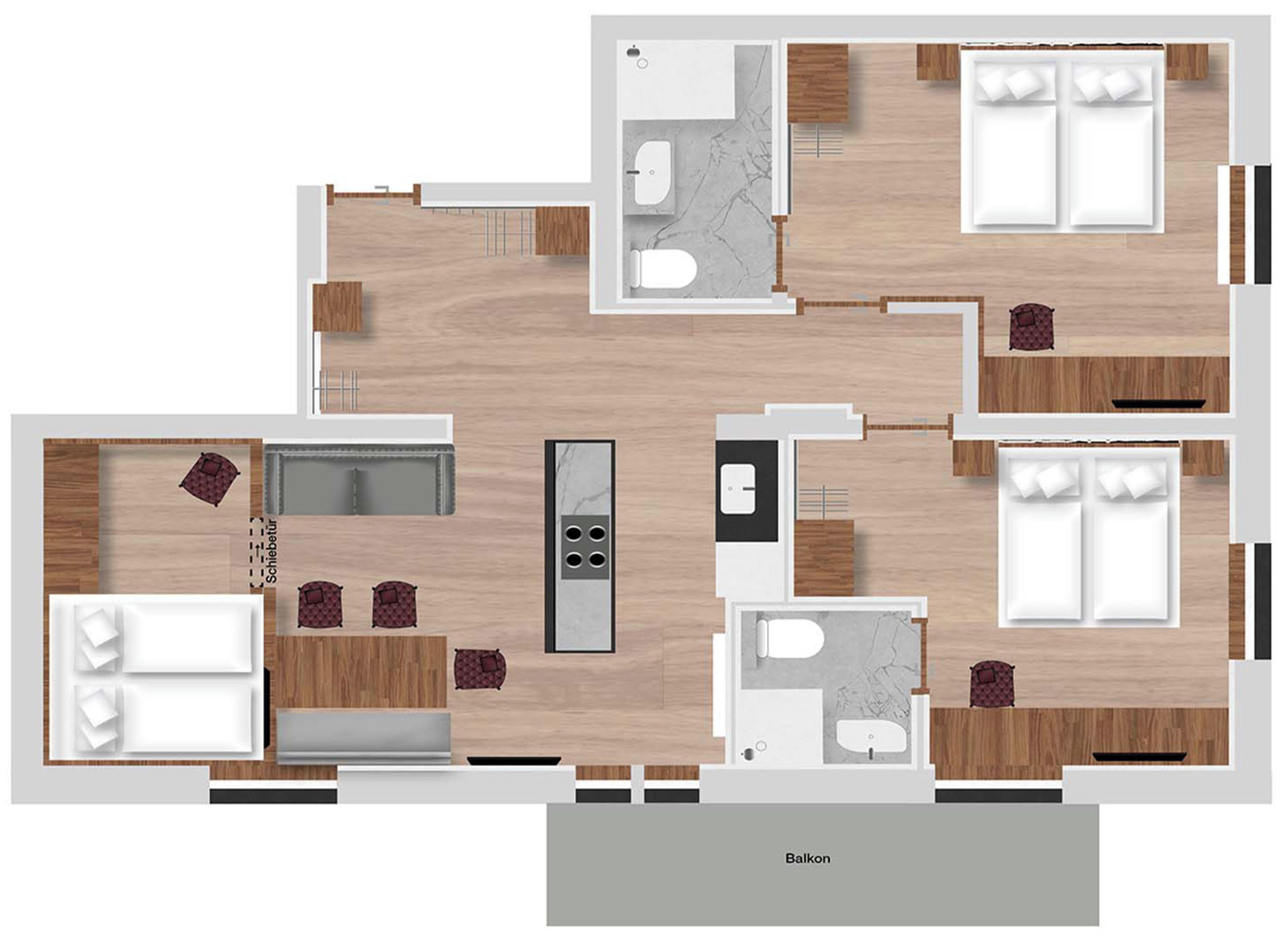 Distribución de una habitación de hotel con balcón, kitchenette, baño y sala de estar.