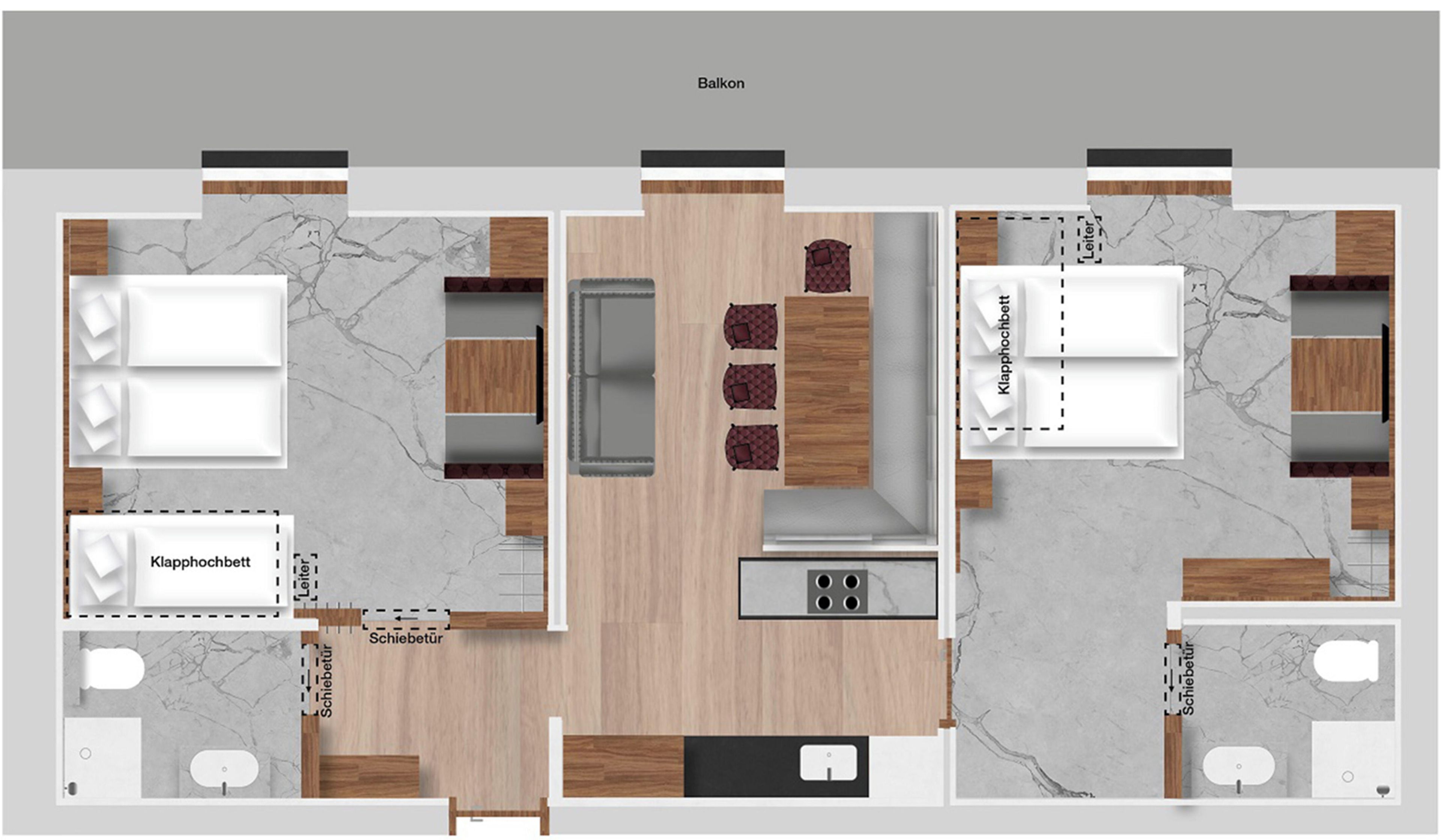 Distribución de una habitación de hotel con balcón, zona de comedor, cocina y baño.