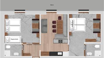 Distribución de una habitación de hotel con balcón, zona de comedor, cocina y baño.