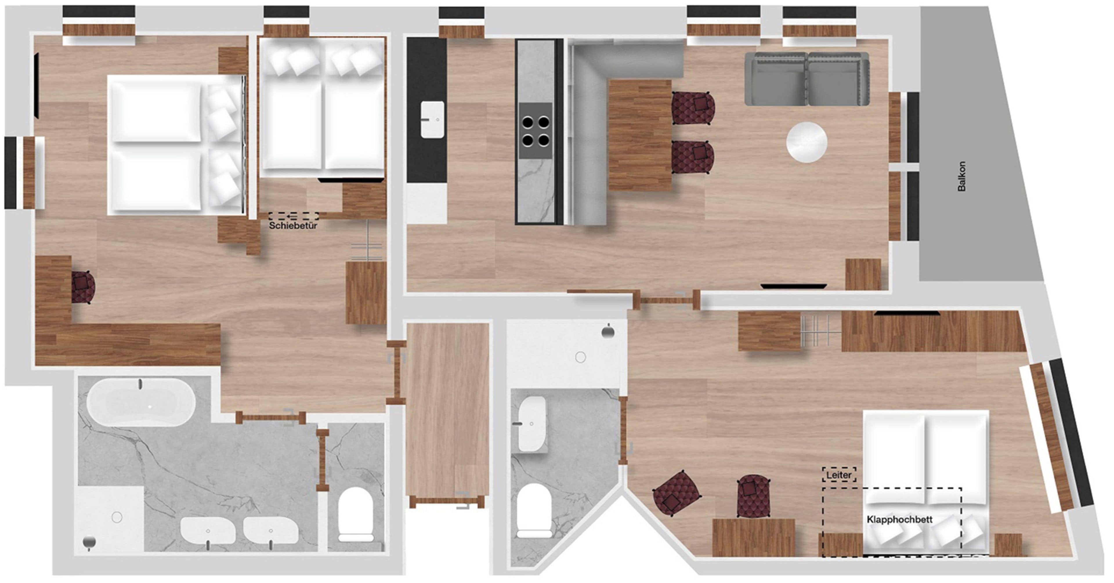 A hotel floor plan with multiple bedrooms, a kitchen, a dining area, and a balcony.
