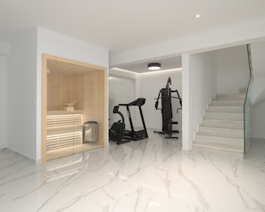 A modern home interior with a wooden sauna, a treadmill, and a stairway. - Ivory Villa, Heated Pool, Hot Tub, Sauna & Gym (Perama)