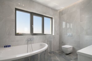 Combined shower/tub, hair dryer, towels, soap