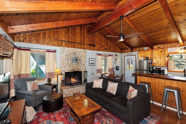 TV, fireplace, video library, stereo