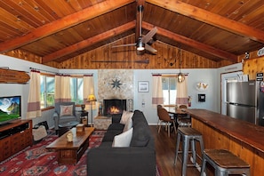 TV, fireplace, video library, stereo