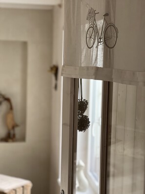 Ein Fenster mit Fahrradaufkleber und einer hängenden Pflanze.