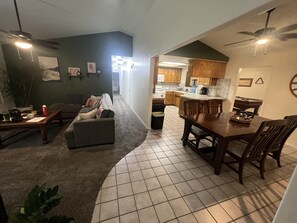 Smart TV, fireplace, video games, DVD player