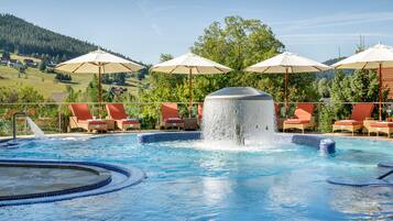5 indoor pools, 4 outdoor pools, open 7:30 AM to 7:30 PM, pool umbrellas