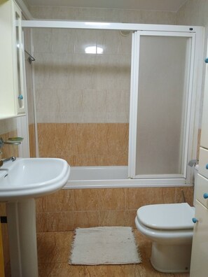 Bathtub, hair dryer, bidet, towels