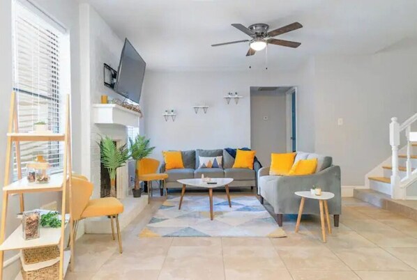 Smart TV, fireplace, books