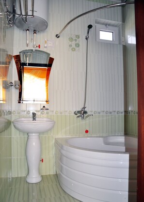 Combined shower/bathtub, jetted bath, hair dryer, bidet