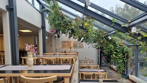 A restaurant with wooden tables and chairs, a glass ceiling, and hanging plants. - Hótel Skálholt (Bláskógabyggd)
