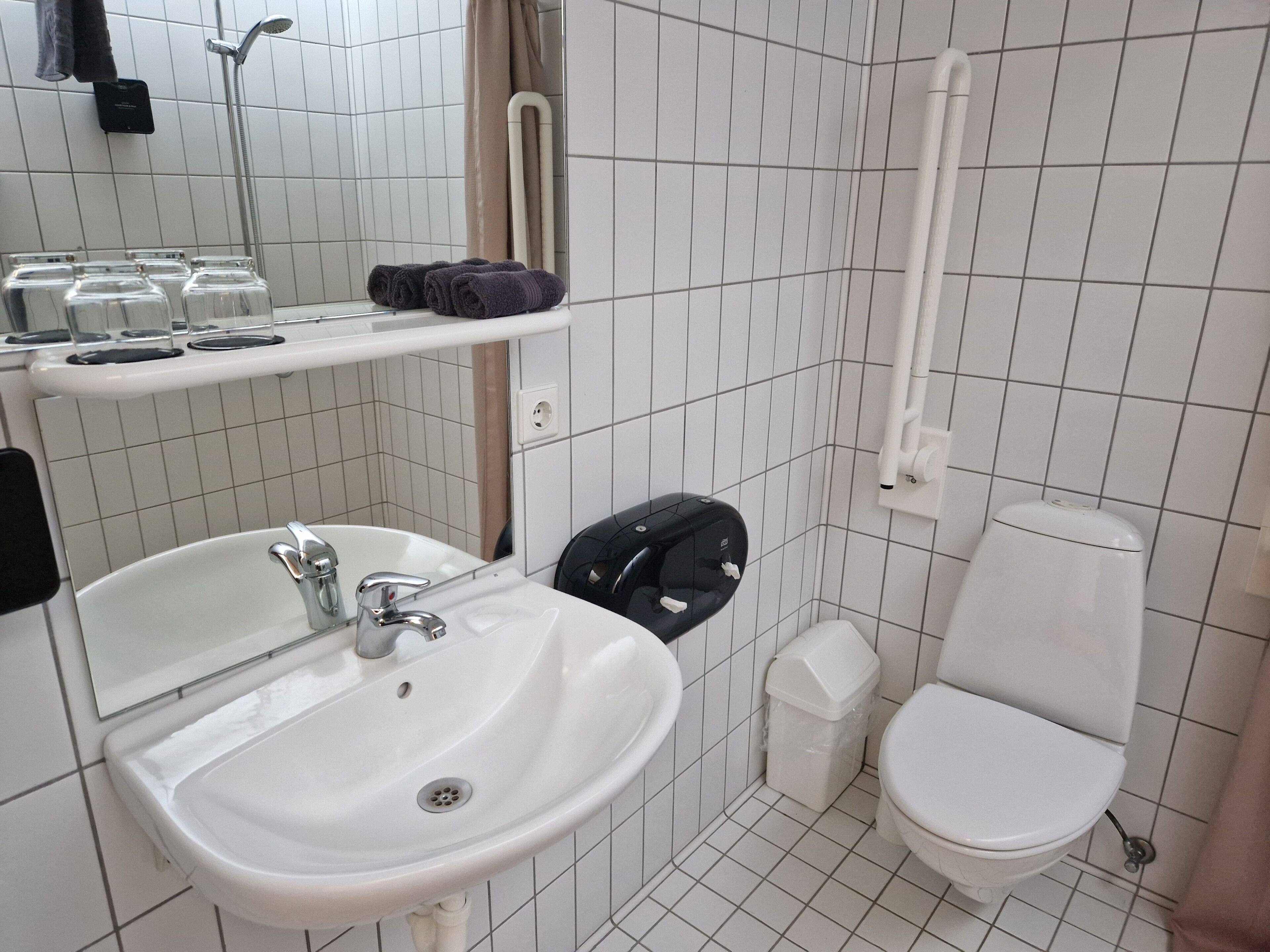 A bathroom with a white sink, a toilet, and a shower area.