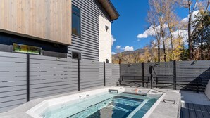 Un espace avec un bain à remous, une terrasse en bois, une piscine et une vue sur les arbres et les montagnes.