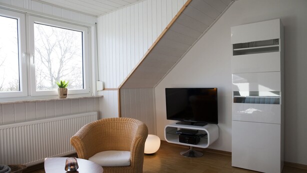 Ein modernes Wohnzimmer mit Fernseher, einem Korbstuhl, einem kleinen Tisch und einer Heizung.