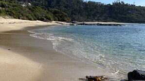 Una playa con agua cristalina, orilla de arena y una colina boscosa al fondo.