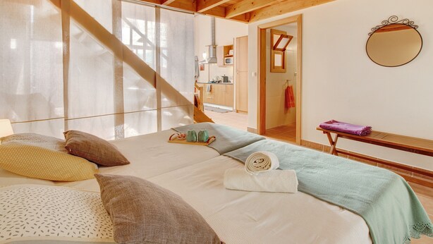 Camera da letto con un letto, cuscini, un comodino, uno specchio e vista su cucina e bagno attraverso una porta scorrevole.