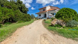 Una casa con camino de grava, rodeada de vegetación y un cielo despejado.