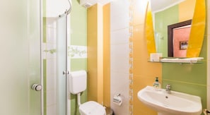 Shower, rainfall showerhead, hair dryer, slippers