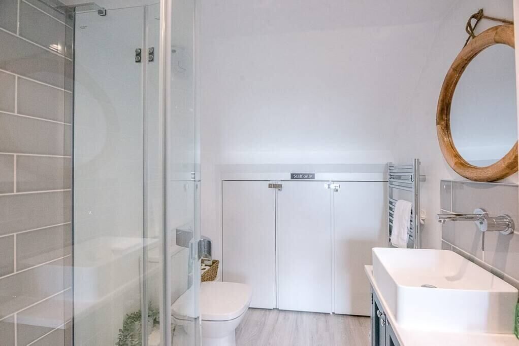 A modern bathroom with a glass shower enclosure, a toilet, a sink, and a mirror.