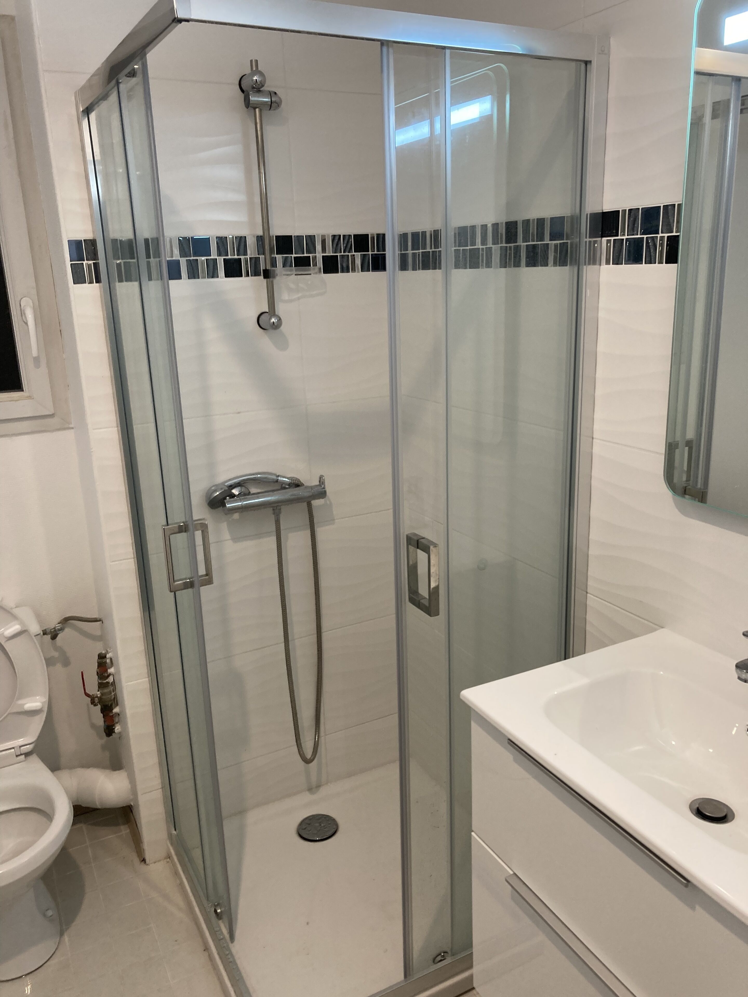 Een moderne badkamer met een douchecabine van glas, een witte wastafel en een toilet.