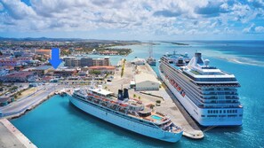 A large cruise ship docked at a port with a cityscape in the background.