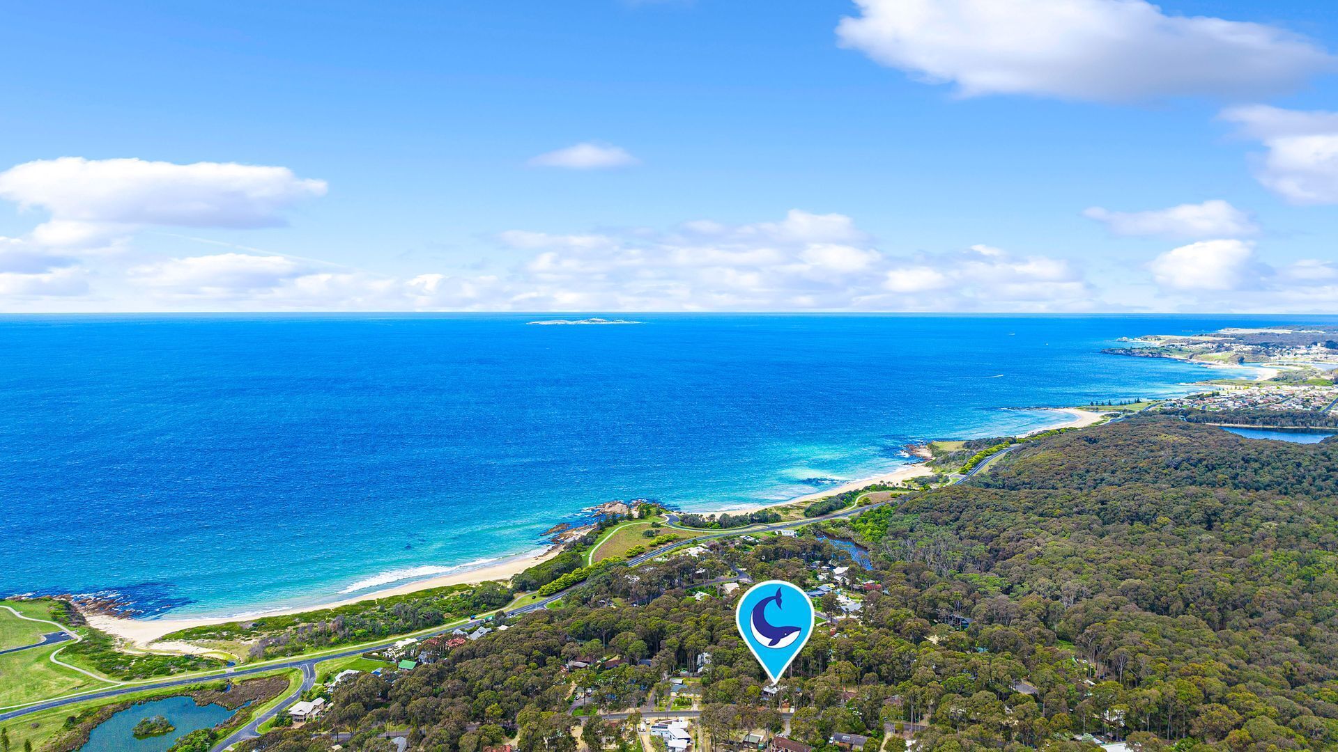 Eine Vogelperspektive auf eine Küstenregion mit blauem Meer, einem Strand und einem dichten Wald.