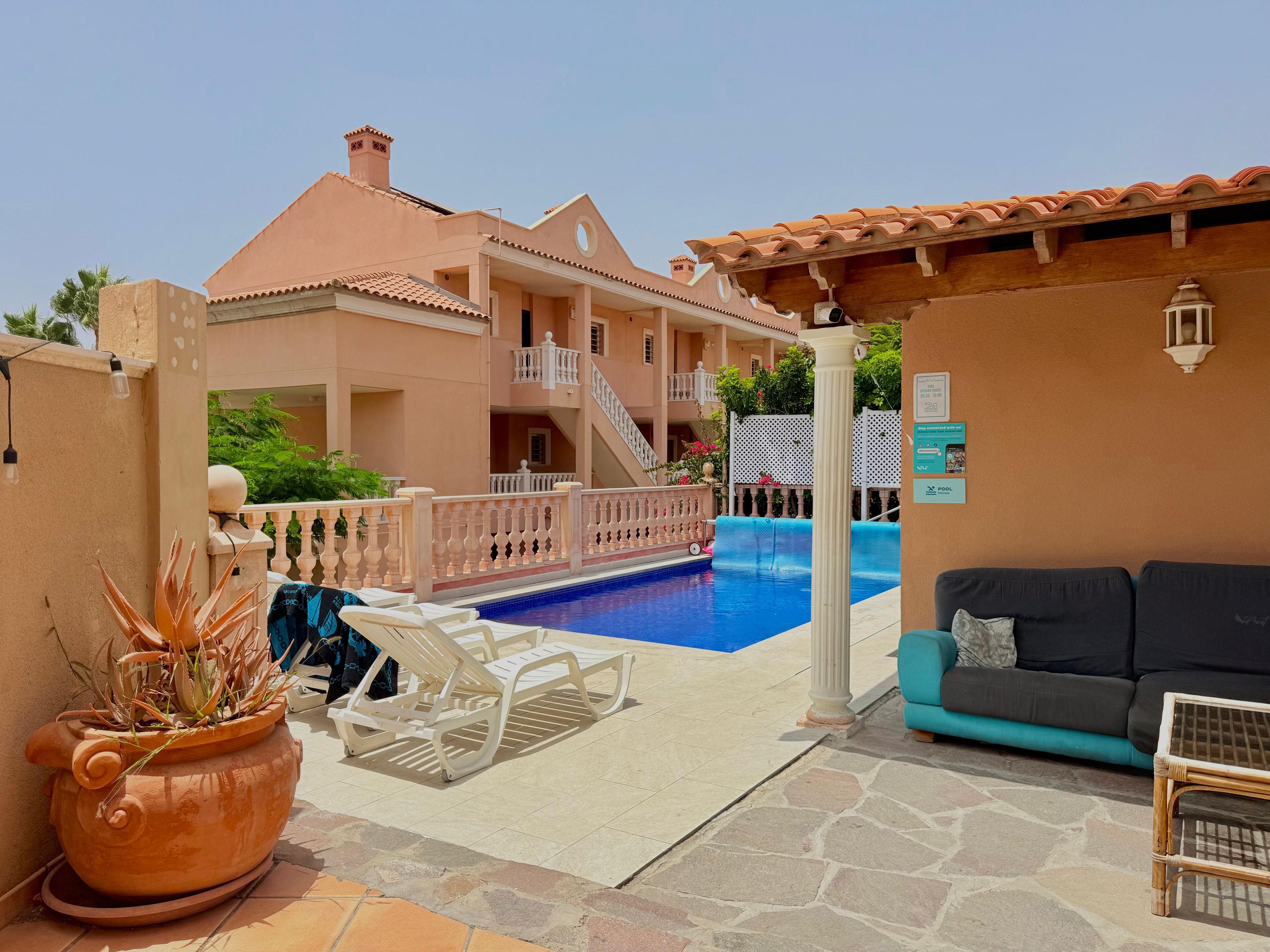 A pool area with lounge chairs, a sofa, and a potted plant.