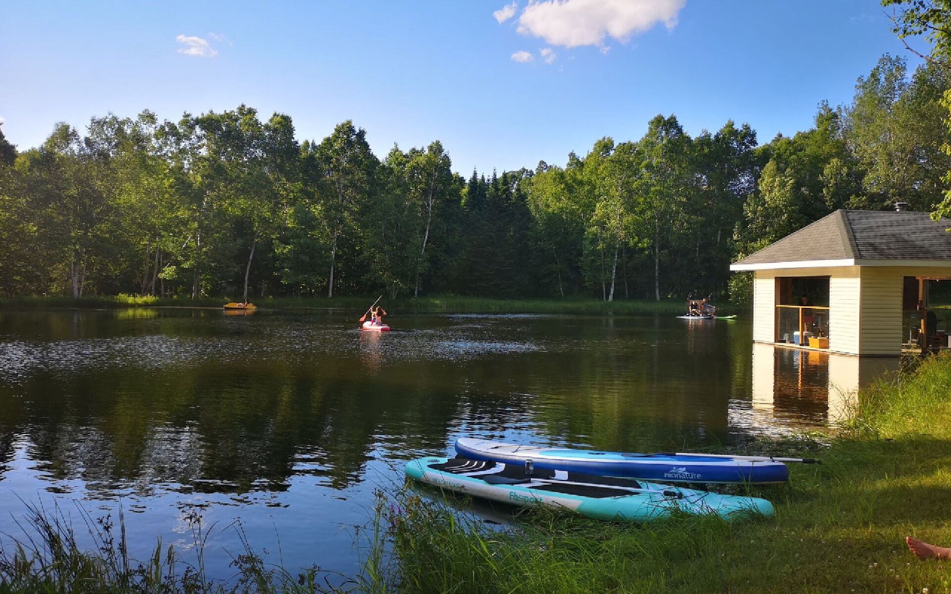 Un chalet au bord du lac, doté d’un quai, entouré d’arbres et bordé d’une eau calme.