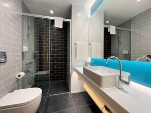 Shower, rainfall showerhead, hair dryer, slippers
