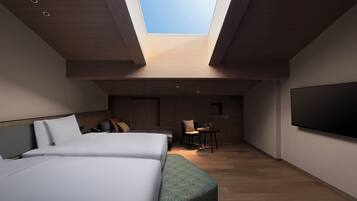 A modern bedroom with a skylight, two beds, a sofa, a small table, and a TV.