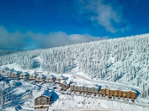 Une station de ski enneigée, composée de plusieurs bâtiments, avec une piste de ski et une forêt dense en arrière-plan.